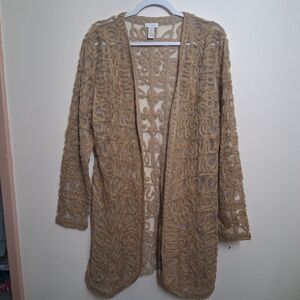 Chico's Longline Mesh Open Front Cardigan 2 Large Braid Details Kakhi